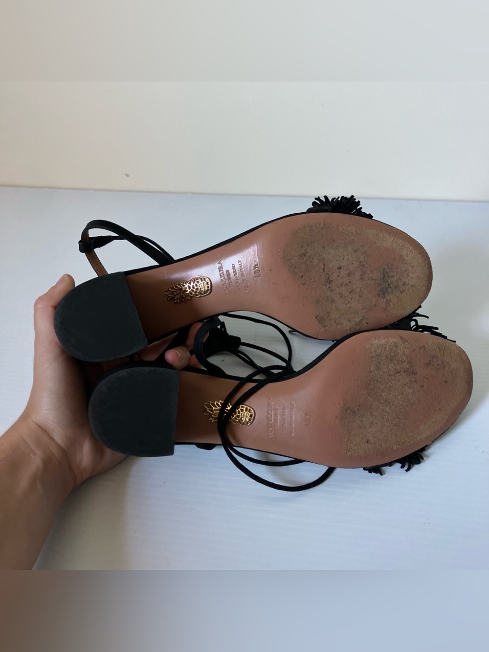 Aquazzura Black Tassel Lace-Up Block Heel Sandals | Designer Heels size 40.5 - Picture 11 of 12